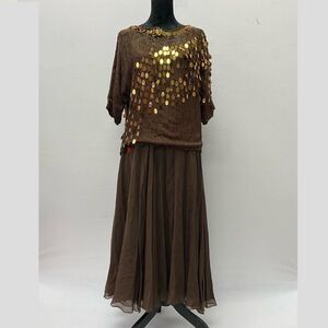 Oleg Cassini Gold Brown Sequin Silk 2pc Skirt Top Set Neiman-Marcus SZ L Classy